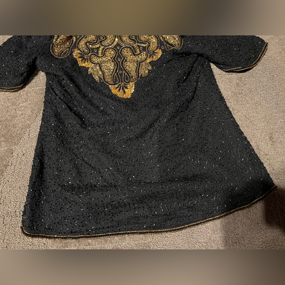 Vintage Scala Gold & Black Beaded Short Sleeve Top Blouse Shoulder Pads Keyhole - Picture 7 of 16